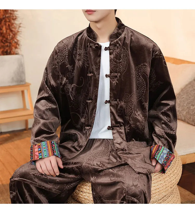 Giacca in velluto da uomo in stile cinese con stampa drago camicie da uomo tradizionale abito Tang Kung Fu Tai Chi camicie casual retrò abbigliamento da uomo