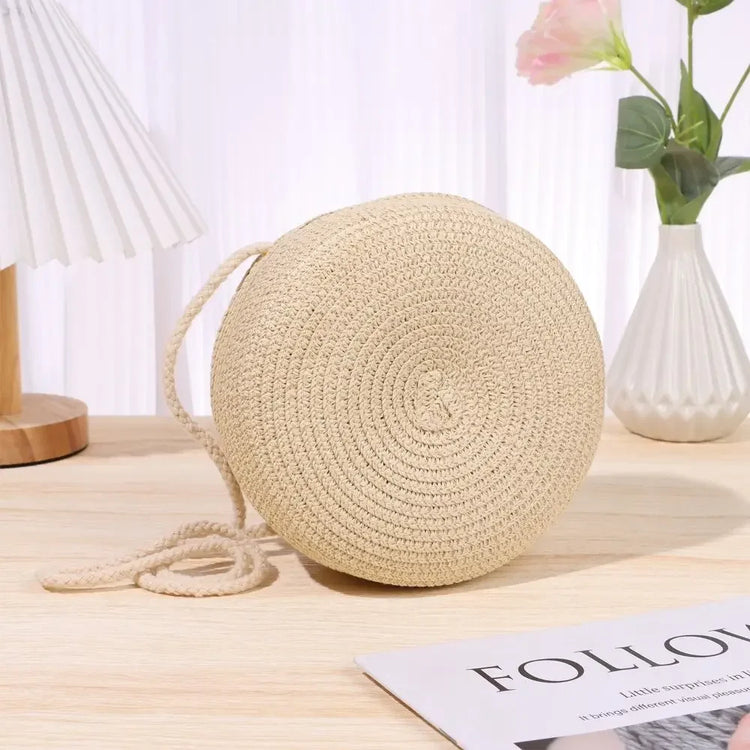 Borse a Spalla, Borsa Intrecciata Rotonda in Rattan, Borsa Estiva da Spiaggia in Paglia