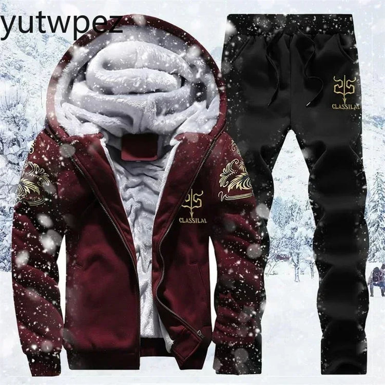 M-6XL Men's Winter 2 Piece Tracksuit Set, Thickened Warm Hooded Coat & Sweater, Outdoor Hiking Cycling Camping Running Outerwear