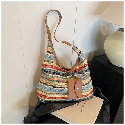 Hand-Woven Large Capacity Tote Bag for Women, Fashionable Commuter Bag, INS Style, Beach Bag for Daily Travel
