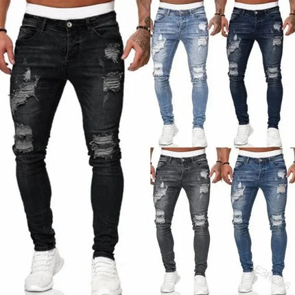 2024 New Retro Ripped Pencil Small Foot Skinny Jeans for Men Motorcycle Streetwear Stretch Straight Casual Slim Jeans Male PlatiNum