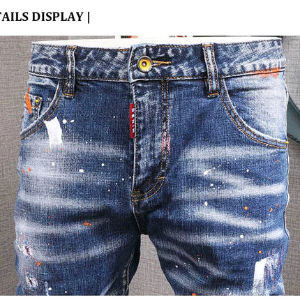 Fashion Streetwear Men Jeans Retro Black Blue Elastic Slim Fit Ripped Jeans Men Spliced Designer Embroidery Hip Hop Denim Pants PlatiNum