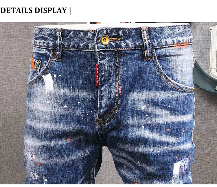 Fashion Streetwear Men Jeans Retro Black Blue Elastic Slim Fit Ripped Jeans Men Spliced Designer Embroidery Hip Hop Denim Pants PlatiNum