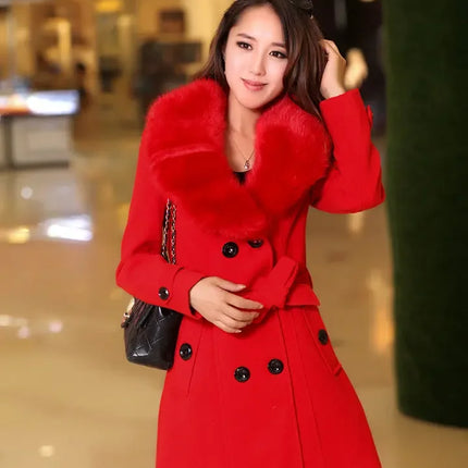 Mid Length Wool Coats Women Fur Collar Splice Blends Korean Full Sleeve Double Breasted Lace Up Belt Thick Warm Winter Jackets