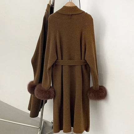 OFTBUY New Winter Long Belted Clothes Outerwear Women Knit Cardigan Real Fox Fur Cuffs Shawl Collar Wrap Knitted Coat Female