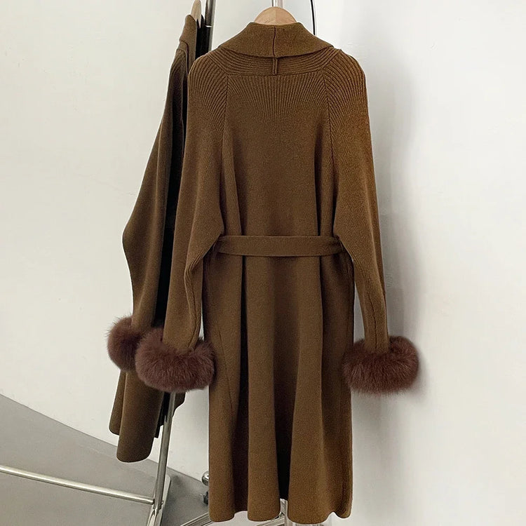 OFTBUY New Winter Long Belted Clothes Outerwear Women Knit Cardigan Real Fox Fur Cuffs Shawl Collar Wrap Knitted Coat Female