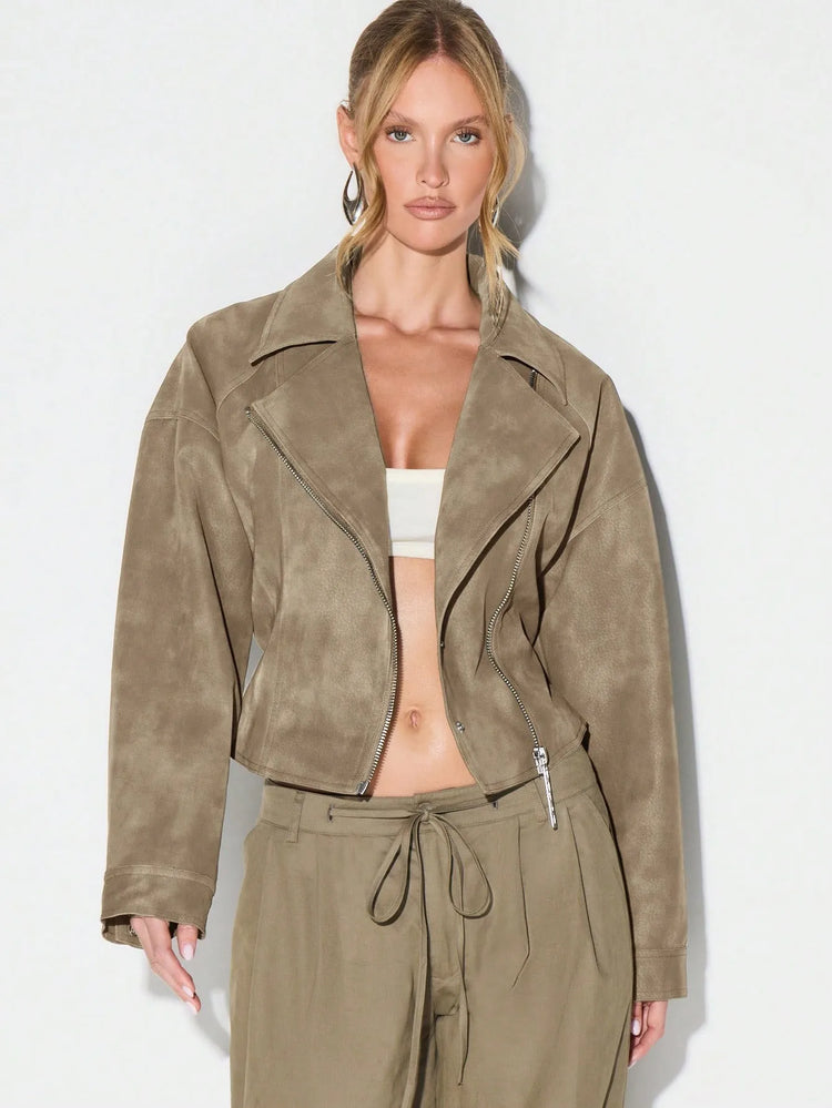 Belt Zipper Top with Waist Cinching American and European Style Streetwear Notched Lapel Thick No Hood Women Autumn Jacket