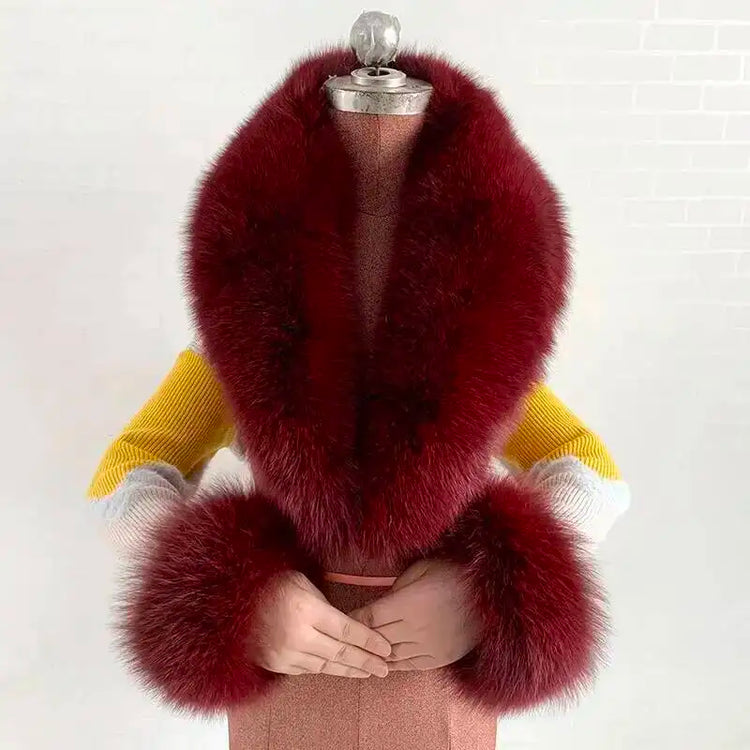 Real Fur Collar And Cuffs Set Winter Coat Accessories Women Fluffy Large Fur Shawl Neak Warm Fox Fur Scarf Furry Scarves Female
