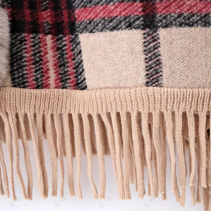 Faux Rabbit Fur Capes Coats Women Plaid Poncho Jackets Tassel Hooded Batwing Sleeves Open Stitch Loose Casual 2025 Autumn Winter