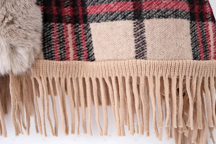 Faux Rabbit Fur Capes Coats Women Plaid Poncho Jackets Tassel Hooded Batwing Sleeves Open Stitch Loose Casual 2025 Autumn Winter