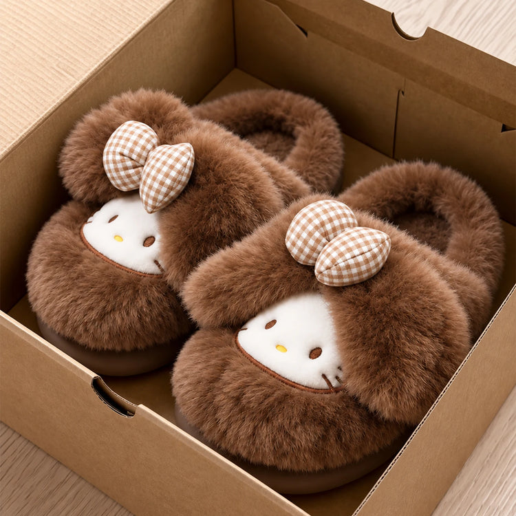 2026 Cute Bow Cat Cartoon Plush Slippers Women Men Winter Warm Thick Sole House Shoes Indoor Fuzzy Comfortable Soft Home Slides