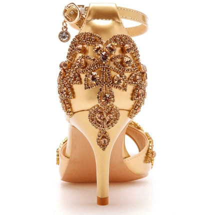 Sandalias de mujer de calidad femenina con diamantes de imitación de PU, tacón delgado de 7 cm, correa de hebilla, zapatos de vestir de estilo coreano para mujer, azul cielo maduro