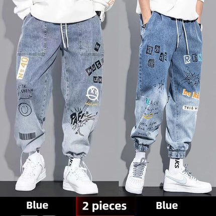 Men's Distressed Denim Pants Cuffed, Artistic Gradient Harem Jeans, Oversized Hip Hop Trousers for Spring Fall Versatile Outfits PlatiNum