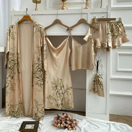 4PC Abito di seta Abito da notte Pigiama di raso di pizzo da donna Abito con scollo a V Cami Camicie da notte Indossare Pijama Home Nightwear Camicia da notte primaverile