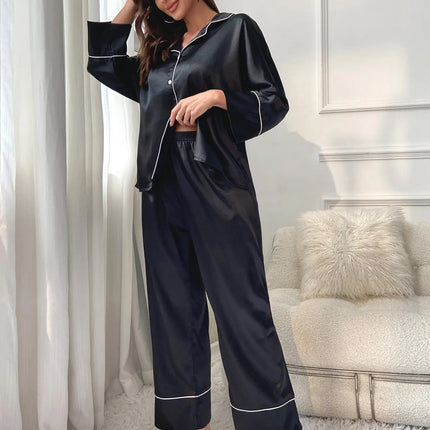 Pigiama da donna Completo da notte Completo da pigiama Pj Set Top a maniche lunghe in raso con pantaloni Pigiama da 2 pezzi Pigiama da donna