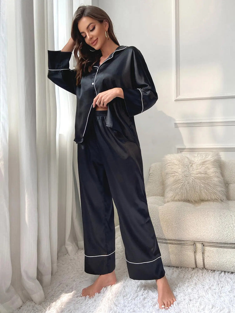 Pigiama da donna Completo da notte Completo da pigiama Pj Set Top a maniche lunghe in raso con pantaloni Pigiama da 2 pezzi Pigiama da donna
