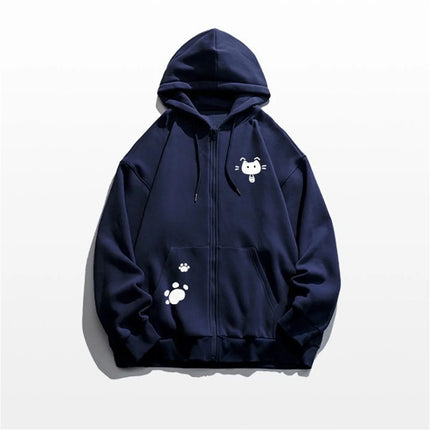 Spring And Autumn Thin Collection Fashion Trends Versatile Casual Lazy Wind 2025 New Cute Girl Zipper Fun Cat Print Hooded