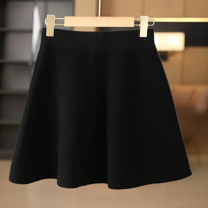 Women's Wool Skirt Autumn Winter Elastic Waist Mini A-Line Cashmere Skirt 100% Merino Wool Knitted Above Knee Preppy Style Dress PlatiNum