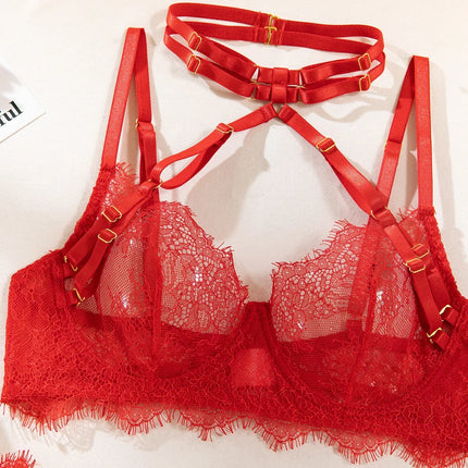 Sexy Lingerie Lace Women's Intimates Sets Sheer See Through Push Up Bra with Garter Belt Fancy Luxury Underwear Erotic Outfits