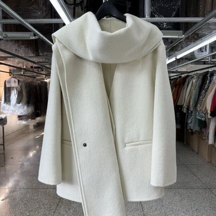 Scarf Collar 100%Wool Coat Women, Korean Fashion Elegant Outerwear, Loose Autumn Winter Jacket