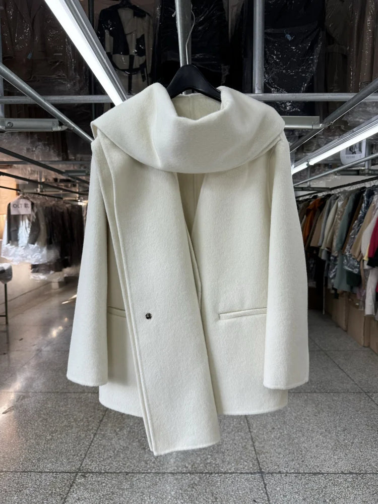 Scarf Collar 100%Wool Coat Women, Korean Fashion Elegant Outerwear, Loose Autumn Winter Jacket