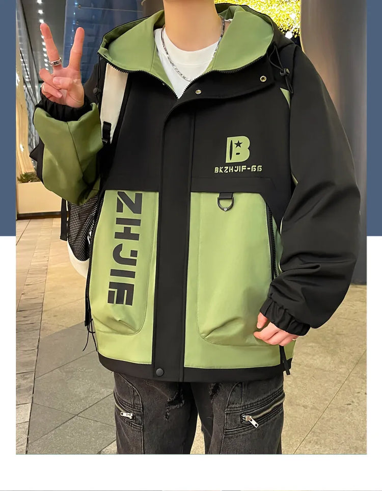 Fashion 2026 Spring Autumn Men's Hooded Casual Jacket Outdoor Windproof Loose Technical Coat Youth Streetwear Top Parka Clothing