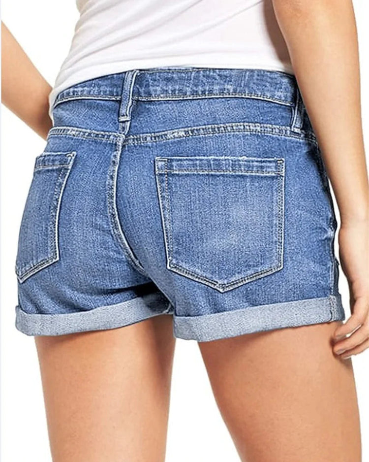 High-End Elastic Ripped Denim Shorts for Women Comfortable Fit Fashionable Tear Design PlatiNum