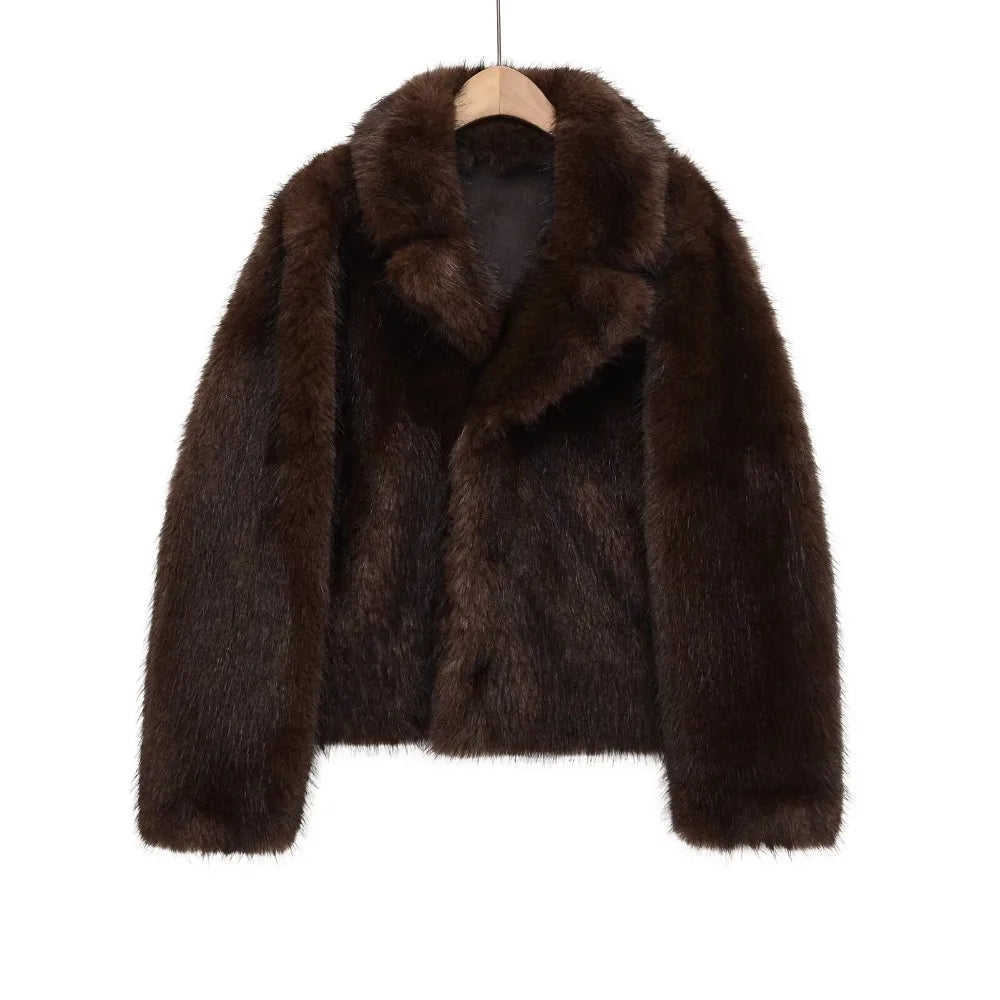 New in Reversible Double-faced Faux Fur Jacket for Women Stylish Lapel Collar Crossover Button-up Outwears Winter Brown Overcoat