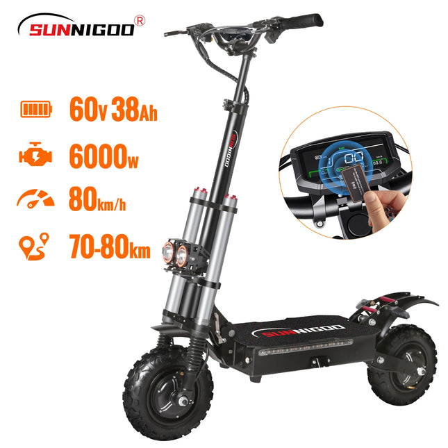 Monopattino Elettrico X10 6000W Doppio Motore Batteria 60V-38AH Velocità Massima 80km/h Autonomia Massima 80km Pieghevole Pneumatici da 11 Pollici Carico Massimo 400kg