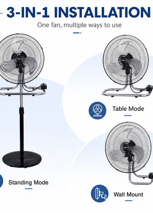 Ventilatore in metallo 50W 3 in 1 regolabile in altezza, da pavimento, tavolo e parete, fino a 130 cm, per uso domestico