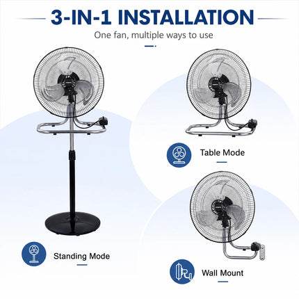 Ventilatore in metallo 50W 3 in 1 regolabile in altezza, da pavimento, tavolo e parete, fino a 130 cm, per uso domestico