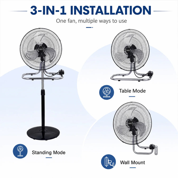 Ventilatore in metallo 50W 3 in 1 regolabile in altezza, da pavimento, tavolo e parete, fino a 130 cm, per uso domestico