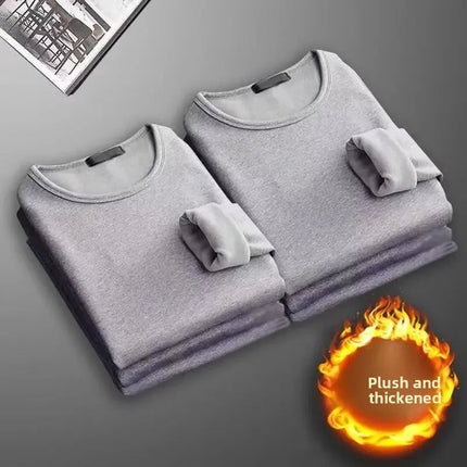 Men's Long Sleeve Thermal Underwear Fleece Lined Thick T-Shirt round Neck Slim Fit Base Shirt Pure Color Inner Wear Autumn Top PlatiNum