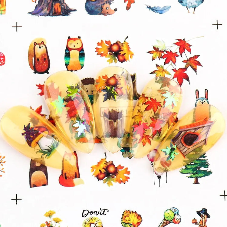 12pcs Fall Gold Leaves Nail Stickers Sliders for Manicure Maple Leaf Nail Art Water Transfer Decals Foils Autumn Decorations