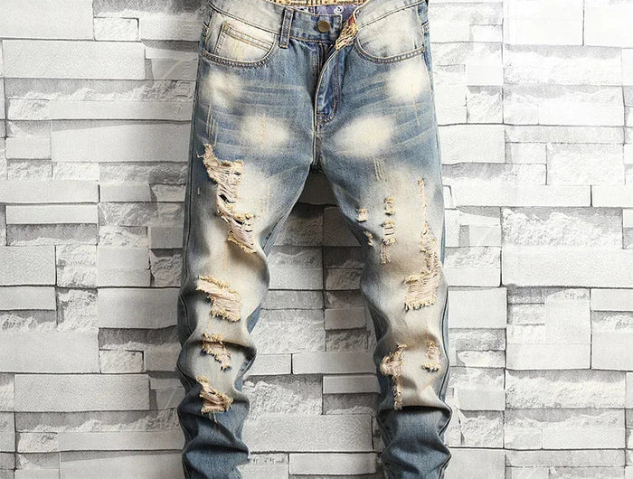 2024 New Retro Distressed Ripped Slim Jeans for Men Street Hip-hop Stretch Straight Fashion Motorcycle Denim Trousers Male PlatiNum