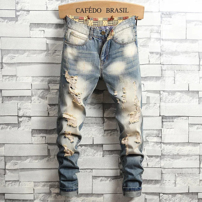 2024 New Retro Distressed Ripped Slim Jeans for Men Street Hip-hop Stretch Straight Fashion Motorcycle Denim Trousers Male PlatiNum