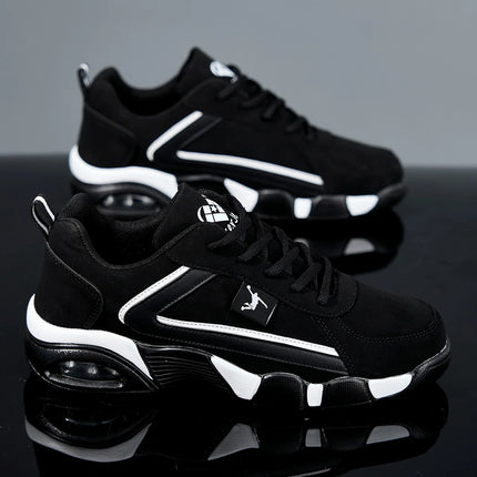 Scarpe sportive casual da uomo ZERJER con cuscino d'aria, tomaia in mesh traspirante e PU, design con motivo geometrico, chiusura con lacci, nero e bianco