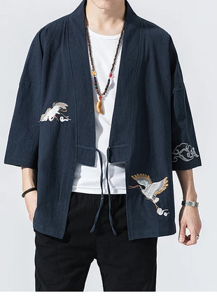 Camicie gru ricamate stile cinese retrò cotone lino Tang vestito Cardigan Mens tradizionale Kung Fu Tai Chi Casual Top camicette