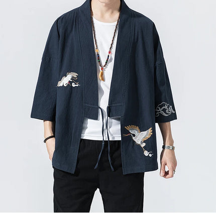 Camicie gru ricamate stile cinese retrò cotone lino Tang vestito Cardigan Mens tradizionale Kung Fu Tai Chi Casual Top camicette
