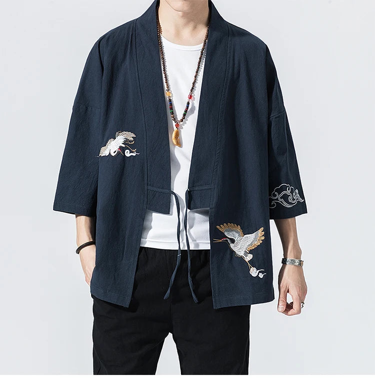 Camicie gru ricamate stile cinese retrò cotone lino Tang vestito Cardigan Mens tradizionale Kung Fu Tai Chi Casual Top camicette