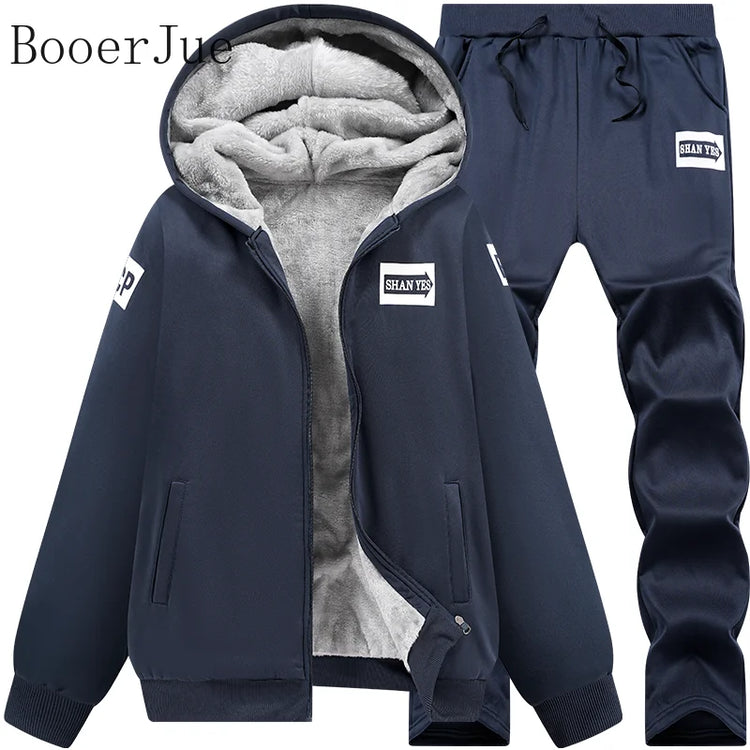 M-6XL Men's Winter 2 Piece Tracksuit Set, Thickened Warm Hooded Coat & Sweater, Outdoor Hiking Cycling Camping Running Outerwear