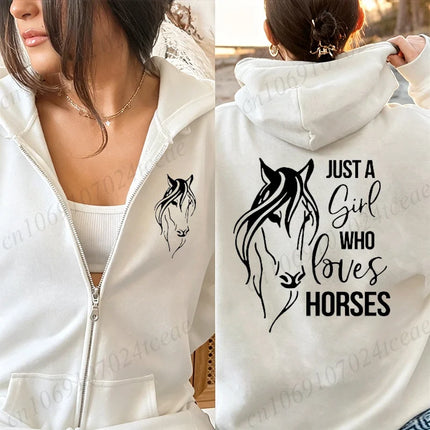 Autumn Winter Woman Zip Up Hoodies Just A Girl Who Loves Horses Print Top Funny Harajuku Streetwear Horses Lovers Sweatshirts