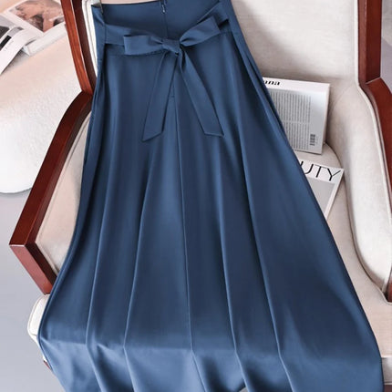 Nuovi abiti Gonne a trapezio tinta unita per abbigliamento donna Gonna lunga a vita alta elastica da donna con fiocco Gonne eleganti da donna