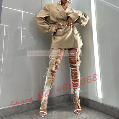 Fur Hide Lace Up Over Knee Sandals Women Wild Sexy Cross Tied High Heels Puttee Shoes Ladies Cutout Party Pointy Long Sandals