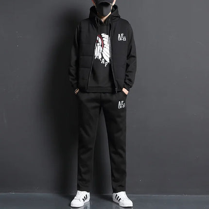 3 Pieces Set Hoodies+Vest+Pants Casual Men's Track Suit Clothing Coats Winter Thick Warm Tracksuit for Men Printed Mens Set Vest