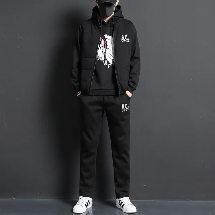 3 Pieces Set Hoodies+Vest+Pants Casual Men's Track Suit Clothing Coats Winter Thick Warm Tracksuit for Men Printed Mens Set Vest