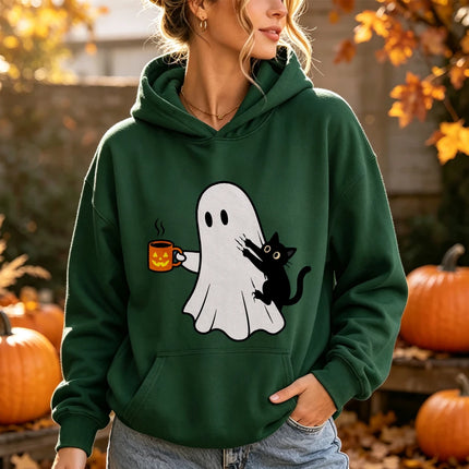 Ghost Black Cat Coffee Print Halloween Hoodie Spooky Season Graphic Pullover Women Fall Holiday Daily Wear Top Hoodies Women
