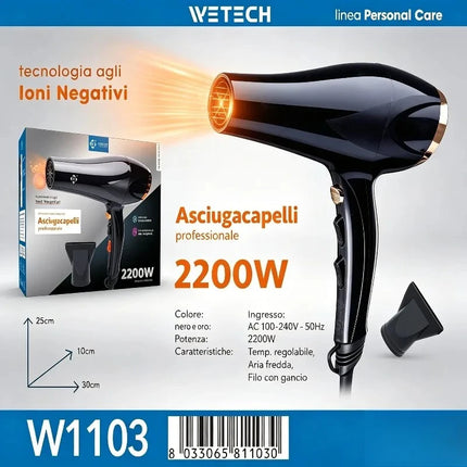 2200W Fast Dry Ionic Hair Blow Dryer 100‑240V Dual‑Voltage Hot & Cold Air Function Hanging Hook Design With Concentrator Nozzle Hair Styling Tool