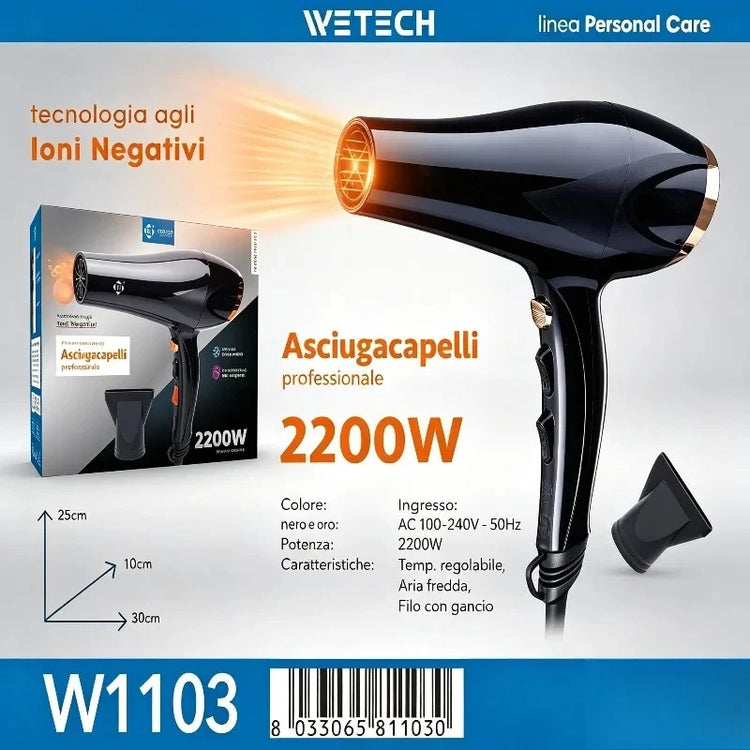2200W Fast Dry Ionic Hair Blow Dryer 100‑240V Dual‑Voltage Hot & Cold Air Function Hanging Hook Design With Concentrator Nozzle Hair Styling Tool