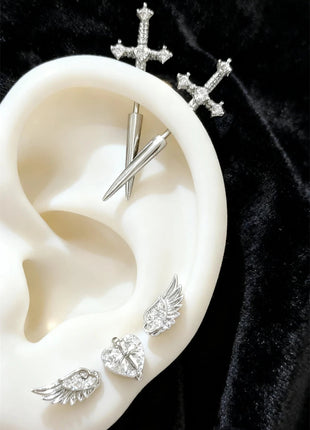 New Fashion Love Wings Cross Acciaio inossidabile Osso dell'orecchio Chiodo Zircone lucido Orecchino con filo alla moda per le donne Accessorio per piercing al corpo platinumshop